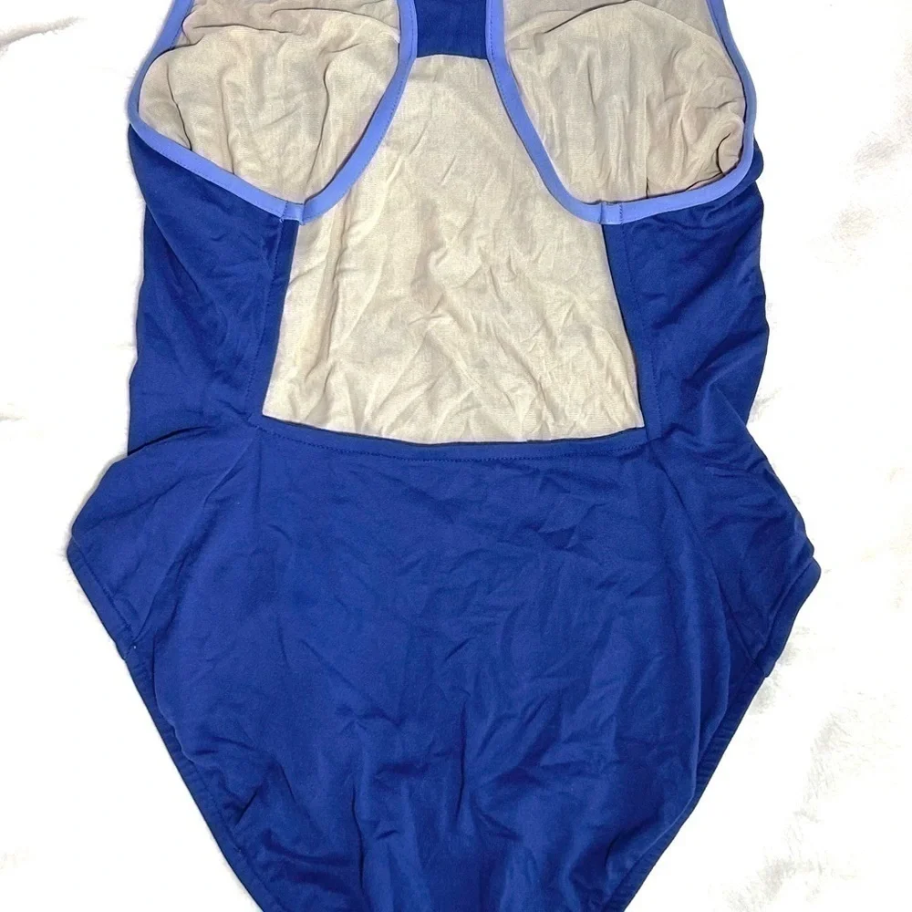 J Crew Women's One Piece Blue Stretch Swimsuit‎ Bathing Suit size L No Padding